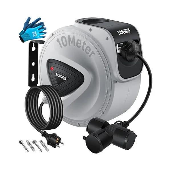 Masko® Kabelhaspel 10 Meter Automatisch Voor Buiten Met 3 Stopcontacten Wandmontage 1, 5m Aansluitkabel Inclusief Handschoenen - Grijs thumbnail
