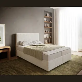 Delife Boxspringbett Dream-Well 140x200 Cm Bouclé Creme-Weiß Mit Matratze Und Topper