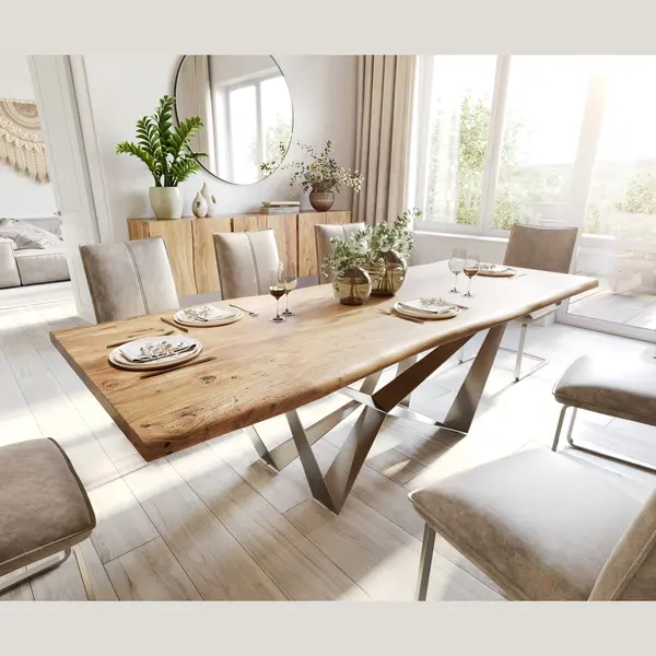 Delife Esstisch Edge 240x100 Akazie Natur Spider Flachstahl Edelstahl Live-Edge thumbnail