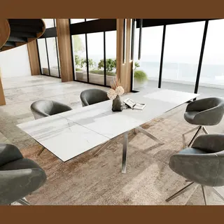 Delife Esstisch Edge 200-300x100 Keramik Laminam®Statuarietto Weiß Kreuzgestell Rechteck Edelstahl Ausziehbar