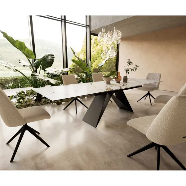 Delife Esstisch Edge 200-300x100 Keramik Calacatta Luxe Weiß-Gold-Grau V-Gestell Flachstahl Schwarz Ausziehbar thumbnail