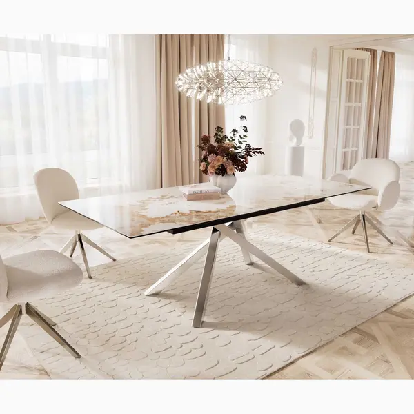 Delife Esstisch Edge 180-220x100 Keramik Minas Melange Weiß-Beige Kreuzgestell Rechteck Edelstahl Ausziehbar thumbnail