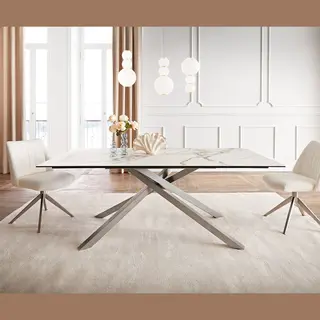 Delife Esstisch Edge 200x100 Keramik Calacatta Luxe Weiß-Gold-Grau Kreuzgestell Rechteck Edelstahl
