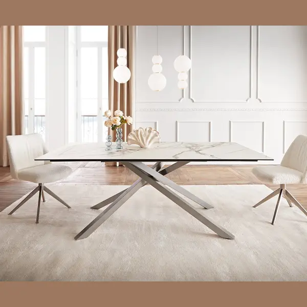 Delife Esstisch Edge 200x100 Keramik Calacatta Luxe Weiß-Gold-Grau Kreuzgestell Rechteck Edelstahl thumbnail