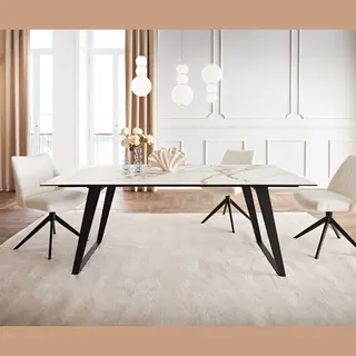 Delife Esstisch Edge 200x100 Keramik Calacatta Luxe Weiß-Gold-Grau Metall Schräg Schwarz