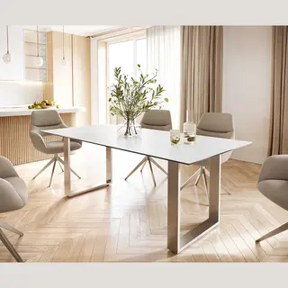 Delife Esstisch Edge 200x100 Keramik Laminam® Statuarietto Weiß Edelstahl Schmal