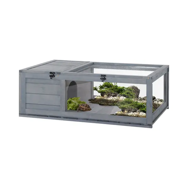 PawHut Terrarium Aus Holz, Mit Haupthäusern, Aufklappbarem Oberseite, Für Schildkröten Reptilien, Für Drinnen Draußen, 91x60, 5x32 Cm, Grau thumbnail