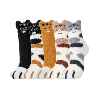 Mdug 5 Damessokken Van Fleece Met Kattenprint - One Size Fits All - Warme Wintersokken - Leuk Kattenpootafdrukpatroon - Comfortabele En Warme Sokken