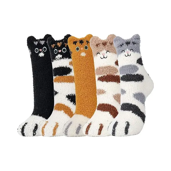 Mdug 5 Damessokken Van Fleece Met Kattenprint - One Size Fits All - Warme Wintersokken - Leuk Kattenpootafdrukpatroon - Comfortabele En Warme Sokken thumbnail