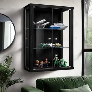 K-Möbel Hängevitrine Glas (80x60x25cm) - Made In Germany - Glasvitrine Hängend Mit 2 Höhenverstellbaren Glasböden Aus Esg In Schwarz - Schrank