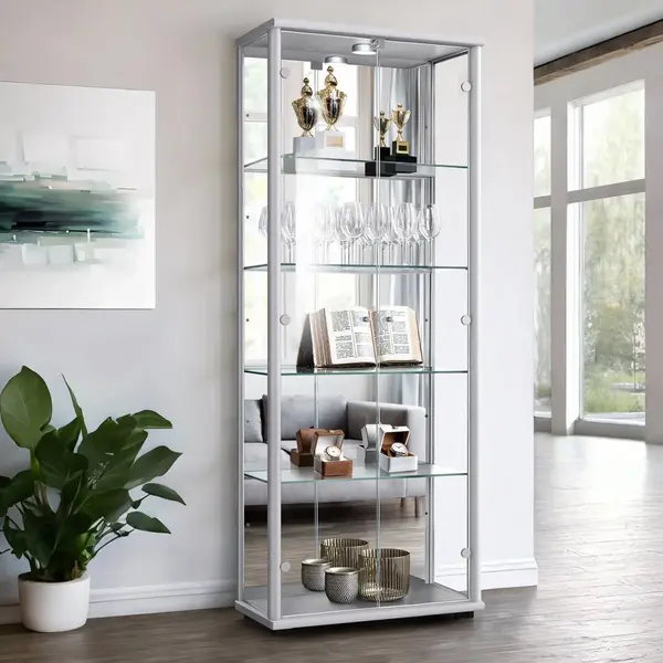K-Möbel Glas Vitrinenschrank 2-türig (176x67x33cm) - Made In Germany - Standvitrine Silber/Alu Mit 4 Höhenverstellbaren Glasböden, Spiegel, thumbnail