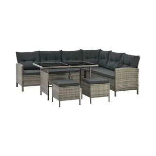 Juskys Polyrattan Lounge Manacor Mit Ecksofa, Esstisch, 2 Hocker & Kissen - Wetterfest Bis 7 Personen - Bezüge Waschbar - Rattan Garten Sitzgruppe