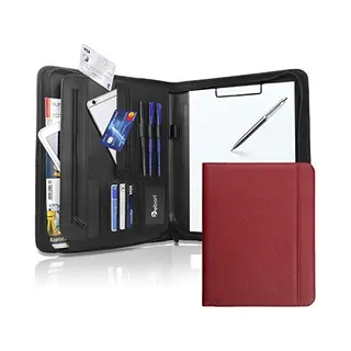 Vebon® Schreibmappe A4 Groß New York I Veganes Leder, Reißverschluss + Klemmbrett I Konferenzmappe + Laptoptasche I Extra Stauraum I Rot