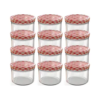Oputec 12 X 230 Ml Einmachgläser Mit Schraubdeckel Rot Kariert – Perfekt Für Marmeladen, Konfitüren Und Mehr, Kleine Gläser Mit Deckel, Ideal