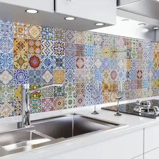 Danario Küchenrückwand Selbstklebend - Glasoptik - Spritzschutz Küche - Versteifte Pet Folie - 0, 8 Mm - Mosaikfliesen Bunt - 60cm X 220cm