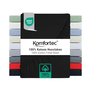 Komfortec Single Fitted Sheet 100% Cotton, 11 Inch (30 Cm) Deep Pocket - Black
