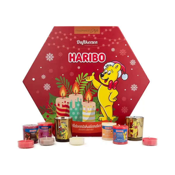 Haribo™ Adventskalender Duftkerzen, 10 Votivkerzen, 12 Teelichte, Duroplast & Glas, Paraffinwachs, Bunt thumbnail