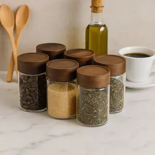Bavary Collection – 6-delige Glazen Kruidenpotten Met Houten Draaideksel – 250 Ml – Compact Formaat – 6, 5 X 10 Cm – Voor Kruiden, Thee En
