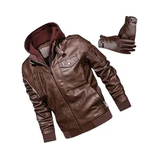 Herenjas Van Kunstleer Voor De Winter, Warme Casual Motorjas Met Afneembare Capuchon + Lederen Heren Touchscreen Handschoenen, Leren Handschoenen