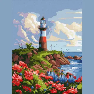 Ideyka Schilderen Op Nummer Voor Volwassenen - Vuurtoren Met Bloemen En Zee - 30x40 Cm - Moeilijkheidsgraad 5/5 - Op Frame