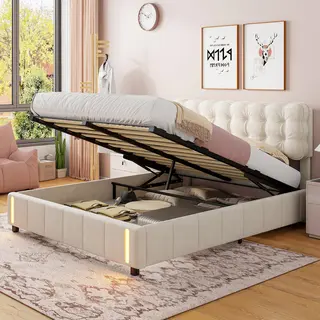 Shopentra Tweepersoonsbed 140x190 Cm – Beige Fluweel – Opbergbed Met Gasveer – Led Sensor Verlichting – Luxe Modern Bed Met Opbergruimte