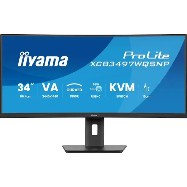 iiyama ProLite 34’’ Uwqhd curved monitor with Usb-C dock, Lan, Kvm switch and 15cm height adjustable stand thumbnail