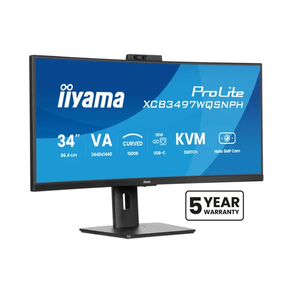 iiyama ProLite 34’’ Va Uwqhd curved monitor with a built-in Windows Hello camera and microphone, Usb-C Dock, Lan, Kvm-Switch and 15cm height adjustable stand thumbnail