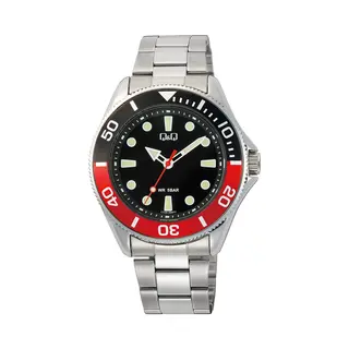 Q&Q C72A-004VY - Horloge - Polshorloge - Analoog - Heren - Mannen - Stalen Band - Rond - Metaal - Stippen - Strepen - Zilverkleurig - Zwart - Rood
