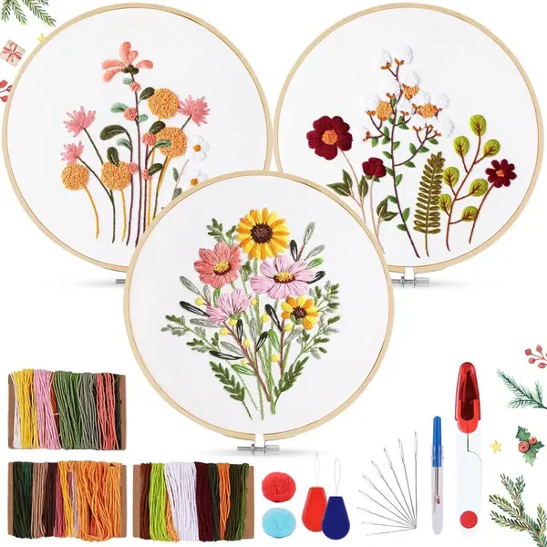 Borduurset Voor Beginners, Borduurset Met Bloemenpatroon En Planten, Borduurset Voor Volwassenen Met 2 Bamboe Borduurringen, Instructies En thumbnail