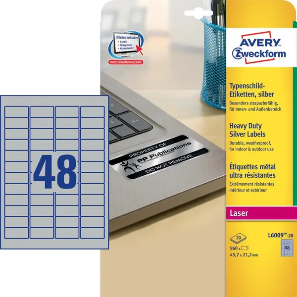 Avery Ultra-sterke etiketten, zilver, 45,7 x 21,2 mm, permanent klevend thumbnail
