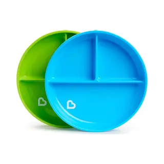 Munchkin Stay Put Divided Plates - 2 Pack Baby & Toddler Plate Set With Compartments, Suction Plate For Babies 6 Months & Over, Bpa Free, Blue/Green
