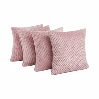 Brentfords Waffle Fleece Set Of 4 X Cushion Covers 45 X 45 Cm Plush Scatter Home Decor Pack, 18" X 18" - Blush Pink