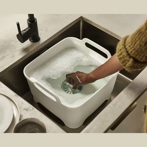Joseph Joseph Joseph Wash & Drain Kitchen Washing Up Bowl With Handles And Draining Plug, 9 Litres, Stone/Sage Green thumbnail
