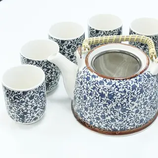 Ancient Wisdom Herbal TeaPot Set Blue Pattern.Built In Strainer & 6 Matching Cups