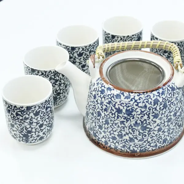 Ancient Wisdom Herbal TeaPot Set Blue Pattern.Built In Strainer & 6 Matching Cups thumbnail