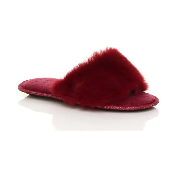 Ajvani Flat Heel Fluffy Peep Toe Slippers In Burgundy thumbnail