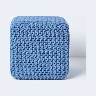Homescapes Cube Cotton Knitted Pouffe Footstool In Blue