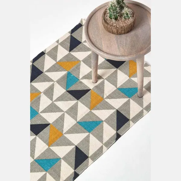 Homescapes Katoenen Vloerkleed Copenhagen In Scandi-look Met Geometrisch Patroon In Blauw, Geel En Grijs, 66 X 200 Cm thumbnail