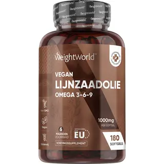 WeightWorld Omega 3 Vegan 180 Capsules Koudgeperste Lijnzaadolie 6 Maanden Voorraad, 1000 Mg Omega 3 6 9 Lijnzaadolie, Gmo-vrij, Glutenvrij, Visolie, Met