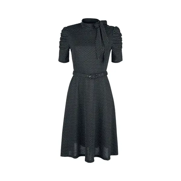 Voodoo Vixen Posie Black Polka Dot Tie-neck Dress Midi Dress Black thumbnail