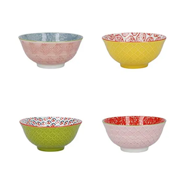 KitchenCraft Patterned Cereal Bowl Set Of 4 In Gift Box, Ceramic Serving Bowls Ideal For Ice Cream, Soup And More, 'Brights' Designs, 15cm thumbnail