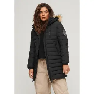 Superdry For Woman. W5011564A Fuji Mid-length Hooded Quilted Coat Black (S), Casual, Polyester, Long Sleeve