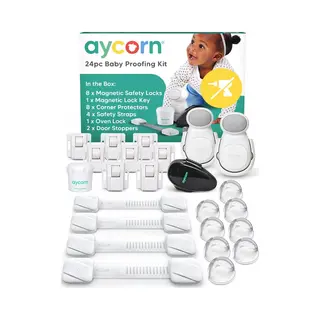 Aycorn 24-delige Babyveiligheidsset – Essentials Voor Pasgeborenen – Kastsloten, Stekkerafdekkingen, Hoekbeschermers, Veiligheidsriemen, Ovenslot,