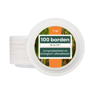 Haago 100 Strong Compostable Sugarcane Plates, 26 Cm / 10 Inch Dinner Plate – Heavy Duty, Grease- & Leak-Proof Paper Plates – Biodegradable,