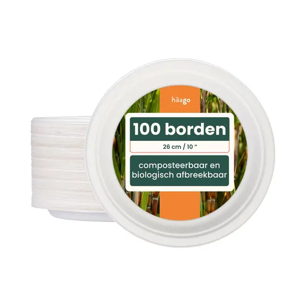 Haago 100 Strong Compostable Sugarcane Plates, 26 Cm / 10 Inch Dinner Plate – Heavy Duty, Grease- & Leak-Proof Paper Plates – Biodegradable, thumbnail
