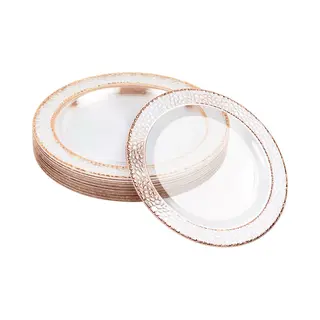 Matana 20 Premium Clear Hard Plastic Dinner Plates With Hammered Rose Gold Rim, 26cm / 10 Inch - Elegant & Reusable Pink Party Plates For Weddings,
