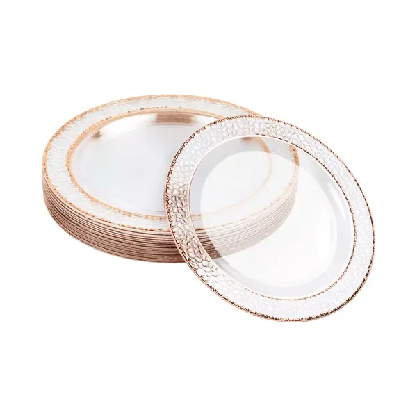 Matana 20 Premium Clear Hard Plastic Dinner Plates With Hammered Rose Gold Rim, 26cm / 10 Inch - Elegant & Reusable Pink Party Plates For Weddings, thumbnail