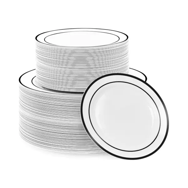 Matana 120 Premium White Plastic Plates With Black Rim - 60 26cm Dinner, 60 19cm Side Plates - Elegant, Unbreakable & Reusable For Weddings, thumbnail