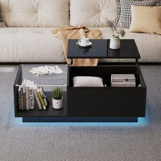 Merax Led Salontafel - Hoogglans Woonkamertafel - In Hoogte Verstelbare - Met Verborgen Opbergruimte En Legplanken - 50 X 100 X 33-46, 5 Cm - Zwart