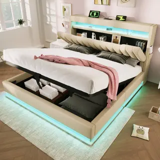 Merax Gestoffeerd Bed 180x200 Cm Tweepersoonsbed - Opberghoofdeinde Met Usb- En Type-C-poorten - Led-verlichting - Met Opbergruimte - Beige - Zonder Matras